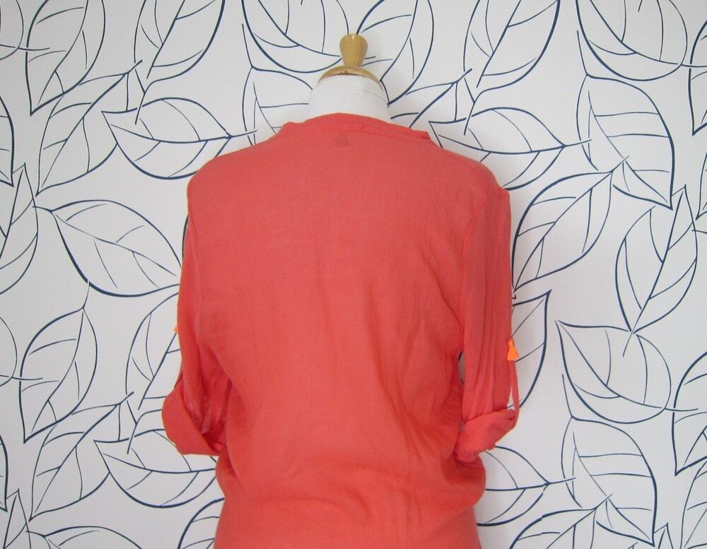 Eberjey Tunic Top Cover Up Roll Tab Sleeves Drawstring Waist Size S/M Salmon - Picture 6 of 8
